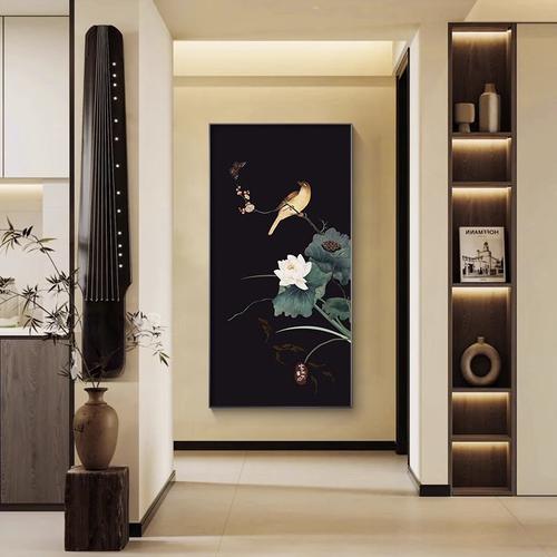 中古风花鸟图装饰画玄关画2024年新款黑白高端壁画走廊过道挂画
